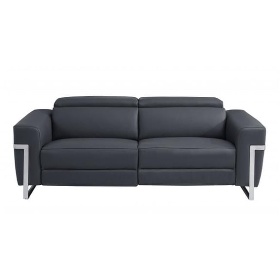 31 x 82.6 x 43 in. Dark Gray Italian Leather & Chrome Reclining Sofa
