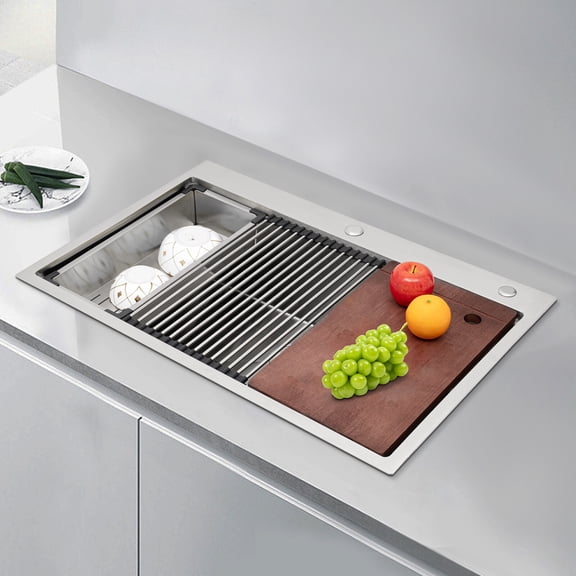 31"x18" Workstation Sink, 304 Stainless Steel Undermount Single Bowl Kitchen Sink with Cutting Board, Colander, Roll-Up Drying Rack & Grid, 9" Deep X-Shape Drain for Home Bar Garage