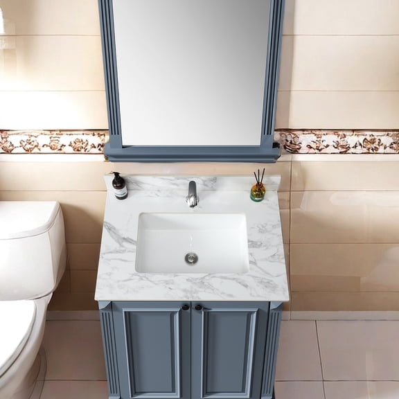 31"x22" Bathroom Vanity Top - Sintered Stone White With Rectangular Ceramic Sink Stylish Upgrade And Beautiful American Style