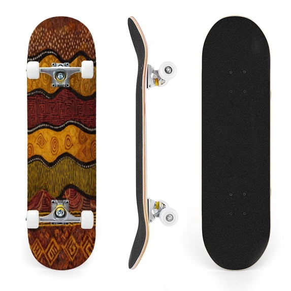 31"x8" Abstract Leopard Tribal Earth Tone Waves Complete Skateboards for Beginners, Double Kick 7 Ply Maple Deck Skateboard with Wheels, Gifts for Kids Teens
