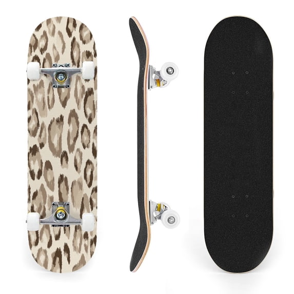 31"x8" Beige Brown Leopard Complete Skateboards for Beginners, Double Kick 7 Ply Maple Deck Skateboard with Wheels, Gifts for Kids Teens