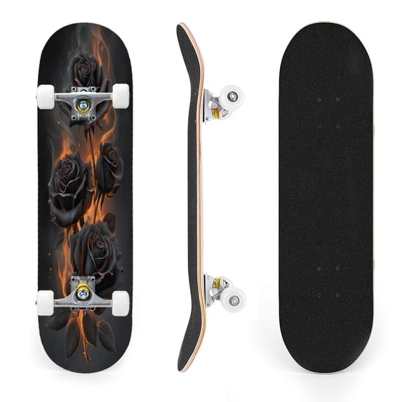 31"x8" Black Roses Fiery Glow Dark Gothic Floral Complete Skateboards for Beginners, Double Kick 7 Ply Maple Deck Skateboard with Wheels, Gifts for Kids Teens