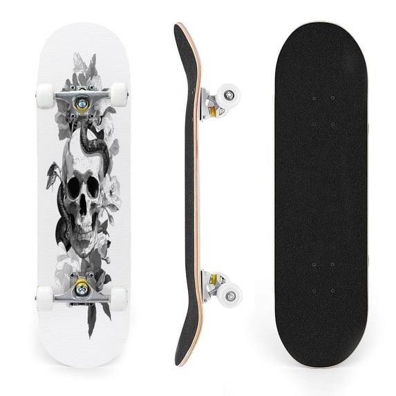 31"x8" Black Snake Wrapped Skull Monochrome Floral Complete Skateboards for Beginners, Double Kick 7 Ply Maple Deck Skateboard with Wheels, Gifts for Kids Teens
