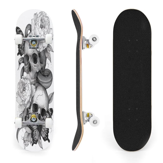 31"x8" Black White Gothic Skull Flowers Butterflies Complete Skateboards for Beginners, Double Kick 7 Ply Maple Deck Skateboard with Wheels, Gifts for Kids Teens