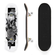 31"x8" Black White Skull Large Detailed Flowers Complete Skateboards for Beginners, Double Kick 7 Ply Maple Deck Skateboard with Wheels, Gifts for Kids Teens