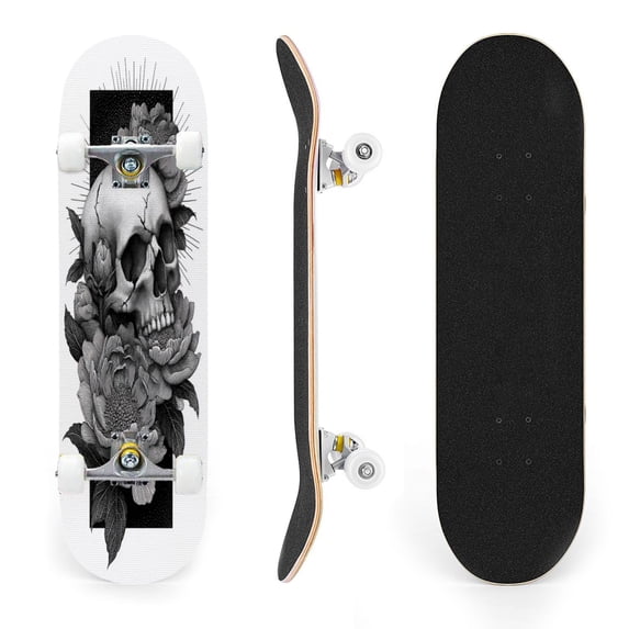 31"x8" Black White Skull Large Detailed Flowers Complete Skateboards for Beginners, Double Kick 7 Ply Maple Deck Skateboard with Wheels, Gifts for Kids Teens