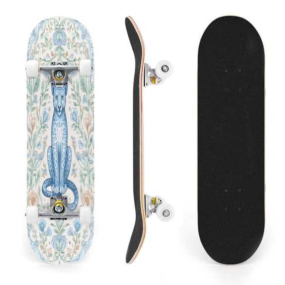 31"x8" Blue Cheetah Floral Complete Skateboards for Beginners, Double Kick 7 Ply Maple Deck Ornate decorative art Skateboard with Wheels, Gifts for Kids Teens