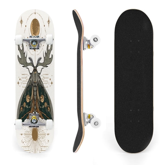 31"x8" Celestial Moth Moon Stars Cosmic Complete Skateboards for Beginners, Double Kick 7 Ply Maple Deck Skateboard with Wheels, Gifts for Kids Teens