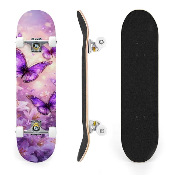 31"x8" Complete Skateboards for Beginners, Delicate Oil Painting Butterflies Glowing Lilies Pink Double Kick 7 Ply Canadian Maple Deck Skateboard with Wheels, Gifts for Kids Teens