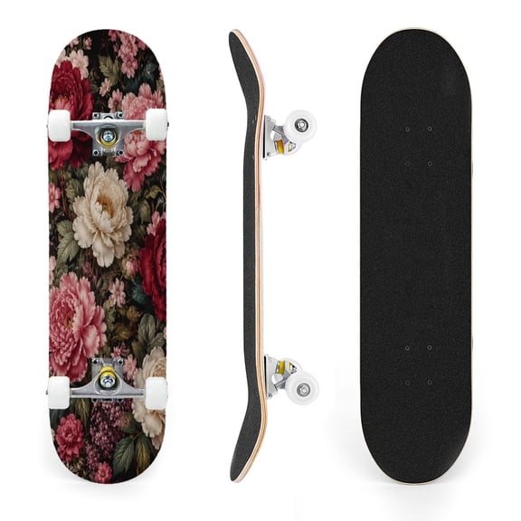 31"x8" Complete Skateboards for Beginners, Vintage Floral Red Pink White Peonies Dark Double Kick 7 Ply Canadian Maple Deck Skateboard with Wheels, Gifts for Kids Teens