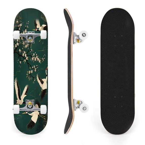 31"x8" Cranes Cherry Blossom Branches Emerald Green Complete Skateboards for Beginners, Double Kick 7 Ply Maple Deck Skateboard with Wheels, Gifts for Kids Teens