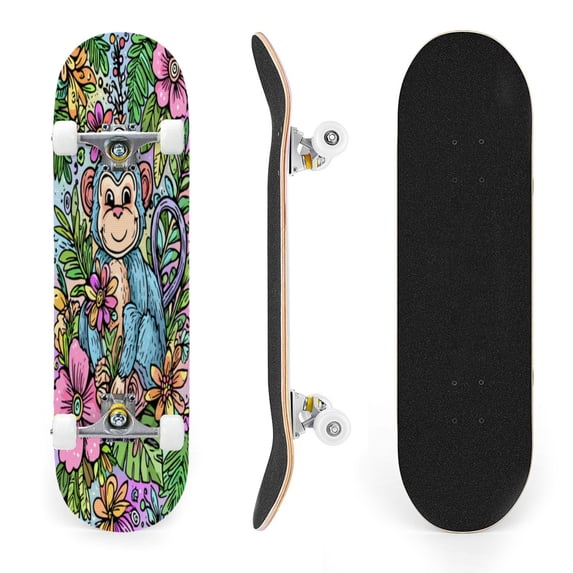 31"x8" Cute Cartoon Monkey Complete Skateboards for Beginners, Double Kick 7 Ply Maple Deck Floral Jungle Colorful Blossoms Skateboard with Wheels, Gifts for Kids Teens