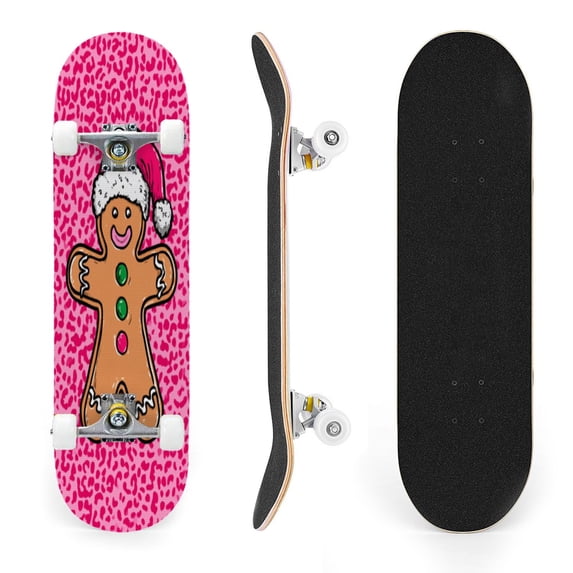 31"x8" Cute Gingerbread Man Complete Skateboards for Beginners, Double Kick 7 Ply Maple Deck Santa hat pink leopard print festive design Skateboard with Wheels, Gifts for Kids Teens