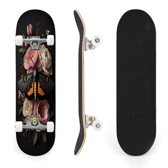 31"x8" Dark Floral Pink White Flowers Moth Gothic Complete Skateboards for Beginners, Double Kick 7 Ply Maple Deck Skateboard with Wheels, Gifts for Kids Teens