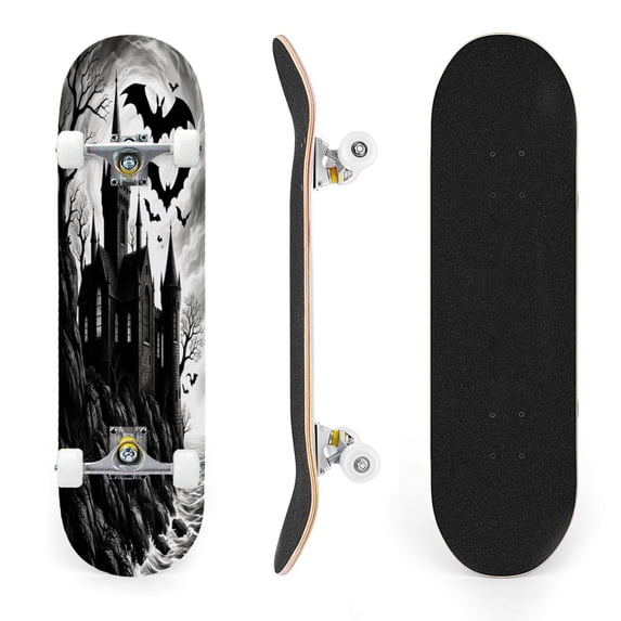31"x8" Dark Gothic Creepy Dark Moody Aesthetic Complete Skateboards for Beginners, Double Kick 7 Ply Maple Deck Skateboard with Wheels, Gifts for Kids Teens