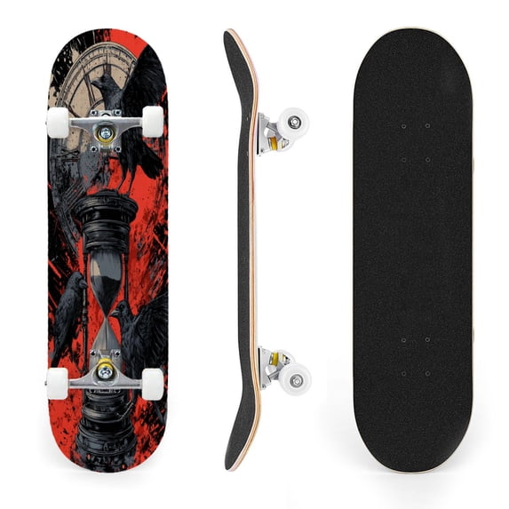 31"x8" Dark Gothic Crows Perched Hourglass Clock Red Complete Skateboards for Beginners, Double Kick 7 Ply Maple Deck Skateboard with Wheels, Gifts for Kids Teens