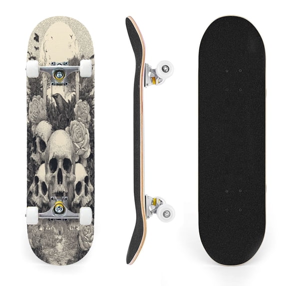 31"x8" Dark Gothic Human Skulls Crow Roses Candles Complete Skateboards for Beginners, Double Kick 7 Ply Maple Deck Skateboard with Wheels, Gifts for Kids Teens