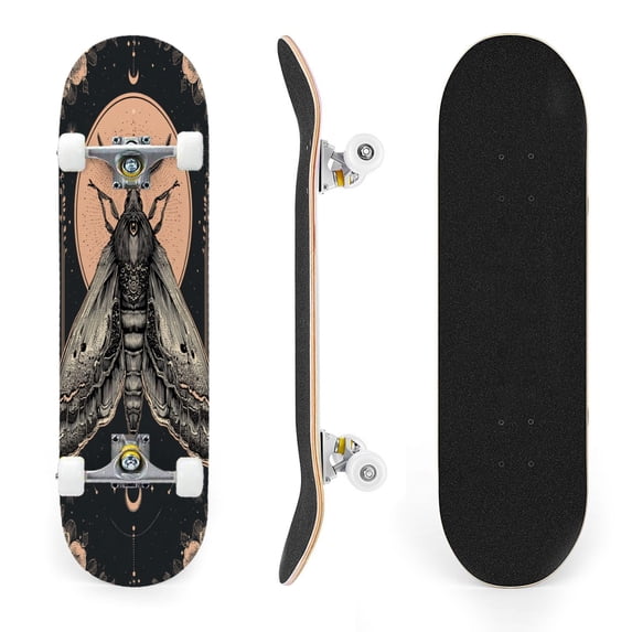 31"x8" Detailed Moth Cosmic Moon Floral Complete Skateboards for Beginners, Double Kick 7 Ply Maple Deck Skateboard with Wheels, Gifts for Kids Teens