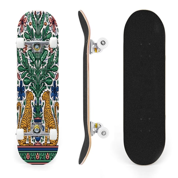 31"x8" Elegant Cheetahs Complete Skateboards for Beginners, Double Kick 7 Ply Maple Deck Floral Leaf ornamental art Skateboard with Wheels, Gifts for Kids Teens