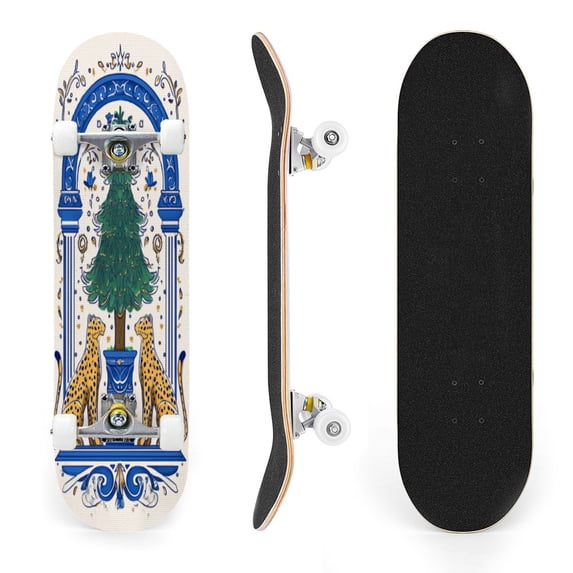 31"x8" Elegant Cheetahs Complete Skateboards for Beginners, Double Kick 7 Ply Maple Deck Ornamental tree motif arch Skateboard with Wheels, Gifts for Kids Teens