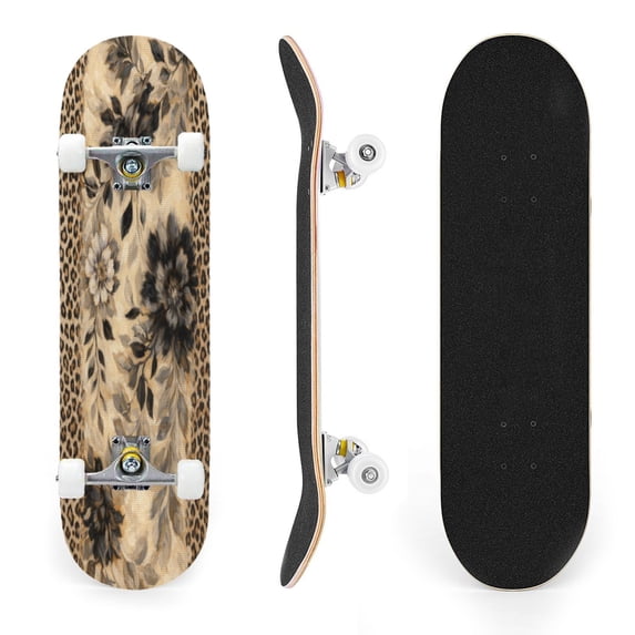 31"x8" Floral Leopard Print Border Black White Complete Skateboards for Beginners, Double Kick 7 Ply Maple Deck Skateboard with Wheels, Gifts for Kids Teens