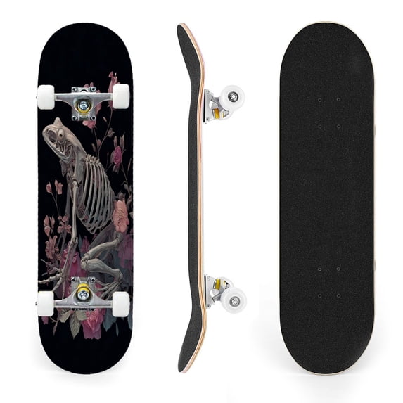31"x8" Frog Skeleton Pink Flowers Dark Gothic Complete Skateboards for Beginners, Double Kick 7 Ply Maple Deck Skateboard with Wheels, Gifts for Kids Teens