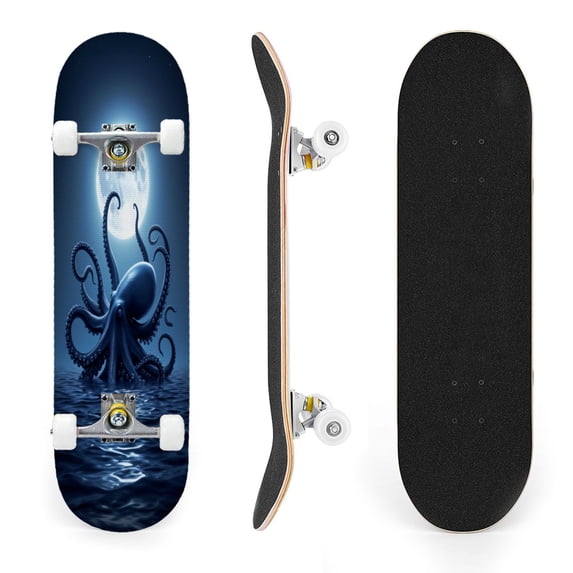31"x8" Giant Octopus Emerging Ocean Full Moon Night Complete Skateboards for Beginners, Double Kick 7 Ply Maple Deck Skateboard with Wheels, Gifts for Kids Teens