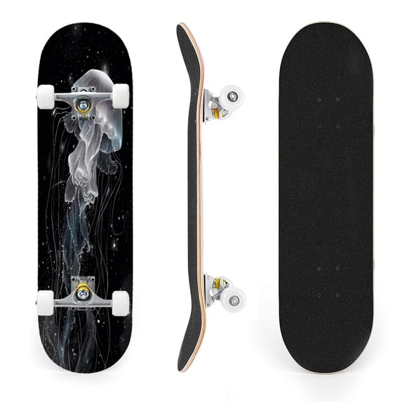 31"x8" Glowing Jellyfish Starry Night Sky Ocean Art Complete Skateboards for Beginners, Double Kick 7 Ply Maple Deck Skateboard with Wheels, Gifts for Kids Teens