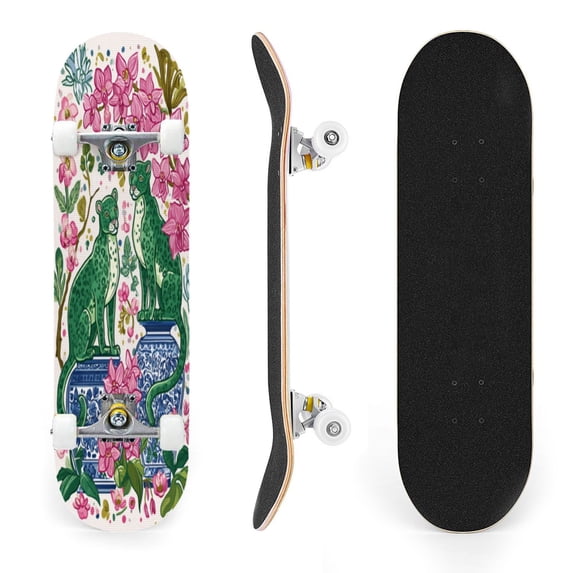 31"x8" Green Jaguars Complete Skateboards for Beginners, Double Kick 7 Ply Maple Deck pink orchids blue porcelain Skateboard with Wheels, Gifts for Kids Teens