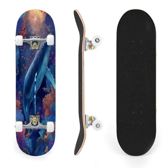 31"x8" Humpback Whale Vibrant Coral Colorful Complete Skateboards for Beginners, Double Kick 7 Ply Maple Deck Skateboard with Wheels, Gifts for Kids Teens
