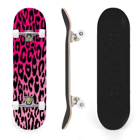 31"x8" Leopard Print Black Complete Skateboards for Beginners, Double Kick 7 Ply Maple Deck Skateboard with Wheels, Gifts for Kids Teens