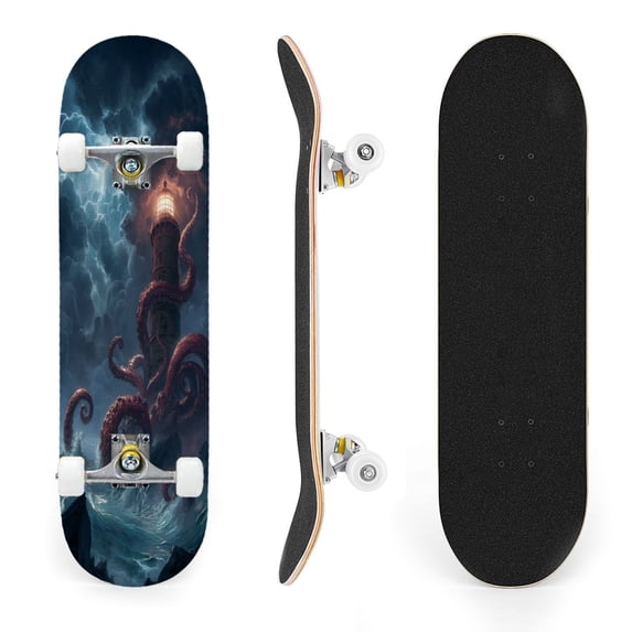 31"x8" Lighthouse Tentacles Stormy Sea Complete Skateboards for Beginners, Double Kick 7 Ply Maple Deck Skateboard with Wheels, Gifts for Kids Teens