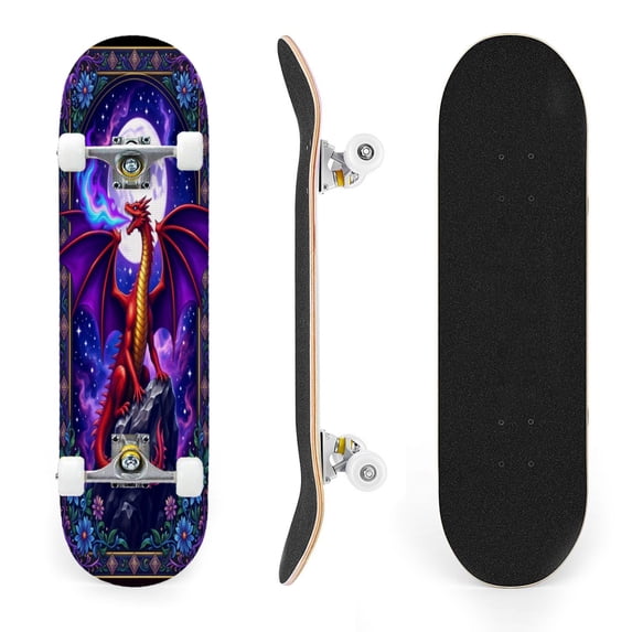 31"x8" Majestic Red Dragon Purple Fire Full Moon Complete Skateboards for Beginners, Double Kick 7 Ply Maple Deck Skateboard with Wheels, Gifts for Kids Teens