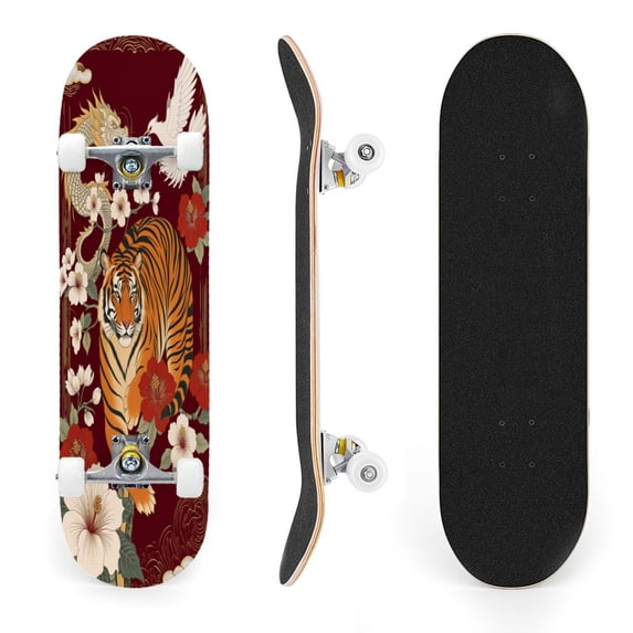 31"x8" Majestic Tiger Dragon Floral Elements Complete Skateboards for Beginners, Double Kick 7 Ply Maple Deck Skateboard with Wheels, Gifts for Kids Teens