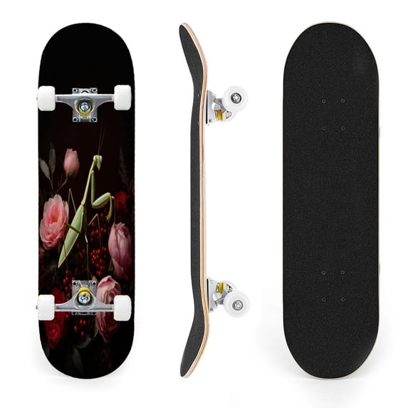 31"x8" Mantis Pink Peony Flowers Dark Floral Complete Skateboards for Beginners, Double Kick 7 Ply Maple Deck Skateboard with Wheels, Gifts for Kids Teens