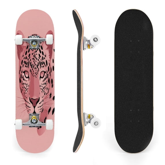 31"x8" Modern Pink Leopard Complete Skateboards for Beginners, Double Kick 7 Ply Maple Deck Bold Spots Portrait Graphic Skateboard with Wheels, Gifts for Kids Teens
