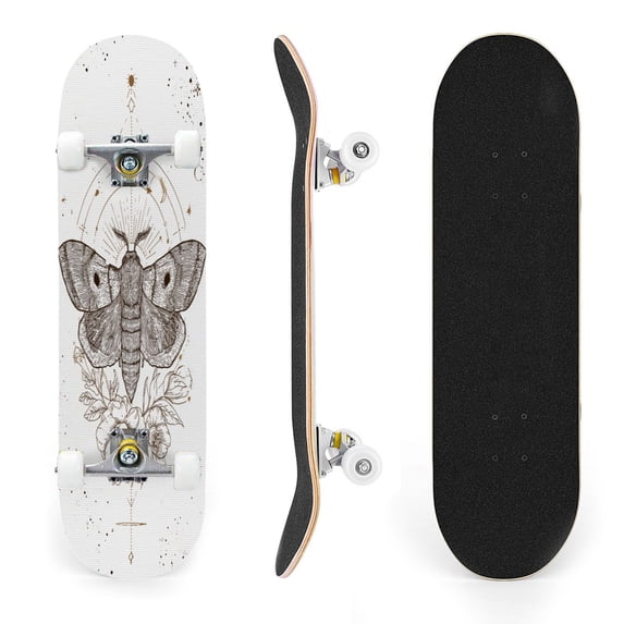 31"x8" Moth Floral Accents Celestial Elements Complete Skateboards for Beginners, Double Kick 7 Ply Maple Deck Skateboard with Wheels, Gifts for Kids Teens