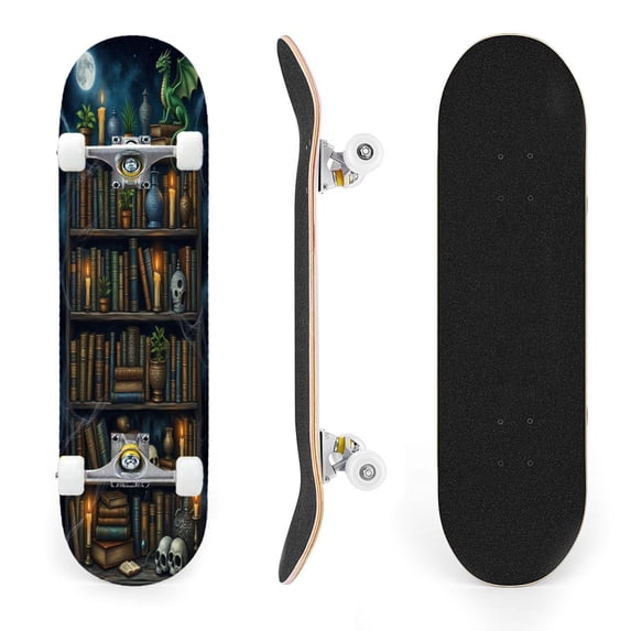 31"x8" Mystical dino Gothic Library Vintage Book Complete Skateboards for Beginners, Double Kick 7 Ply Maple Deck Skateboard with Wheels, Gifts for Kids Teens