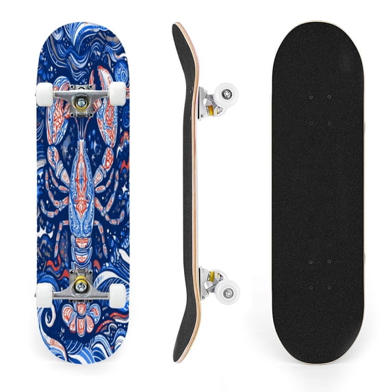 31"x8" Ornate Blue White Lobster Complete Skateboards for Beginners, Double Kick 7 Ply Maple Deck Vibrant Ocean Wave Nautical Design Skateboard with Wheels, Gifts for Kids Teens