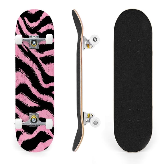 31"x8" Pink Black Zebra Complete Skateboards for Beginners, Double Kick 7 Ply Maple Deck Skateboard with Wheels, Gifts for Kids Teens