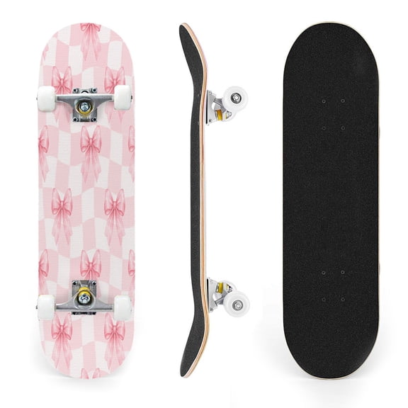 31"x8" Pink Bows Checkerboard Complete Skateboards for Beginners, Double Kick 7 Ply Maple Deck Skateboard with Wheels, Gifts for Kids Teens