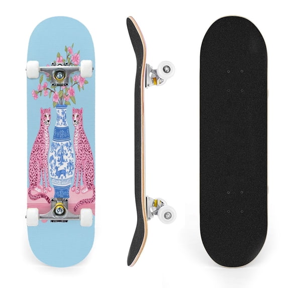 31"x8" Pink Cheetahs Blue Complete Skateboards for Beginners, Double Kick 7 Ply Maple Deck Floral design cherry blossoms Skateboard with Wheels, Gifts for Kids Teens