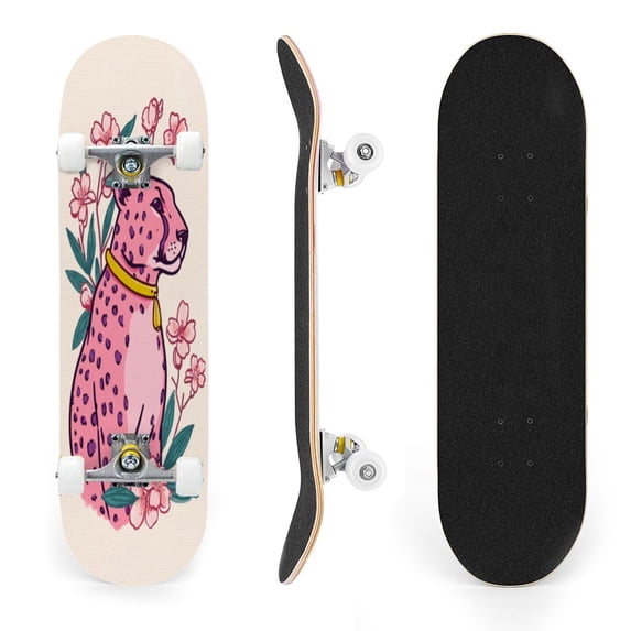 31"x8" Pink Leopard Complete Skateboards for Beginners, Double Kick 7 Ply Maple Deck Floral elements decorative Skateboard with Wheels, Gifts for Kids Teens