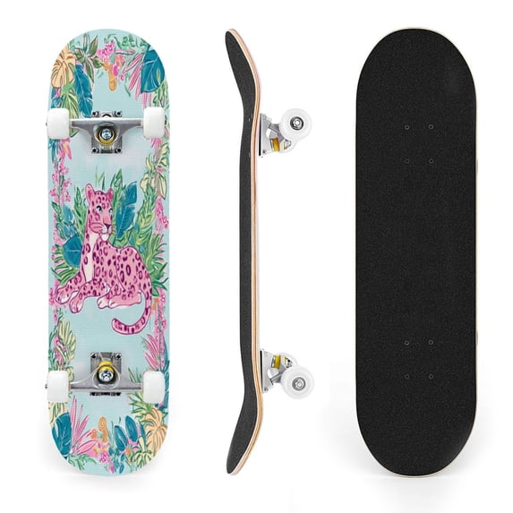 31"x8" Pink Leopard Complete Skateboards for Beginners, Double Kick 7 Ply Maple Deck Tropical Leaf cute animal Skateboard with Wheels, Gifts for Kids Teens