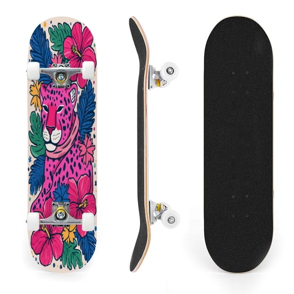 31"x8" Pink Leopard Complete Skateboards for Beginners, Double Kick 7 Ply Maple Deck Tropical Leaves hibiscus Skateboard with Wheels, Gifts for Kids Teens