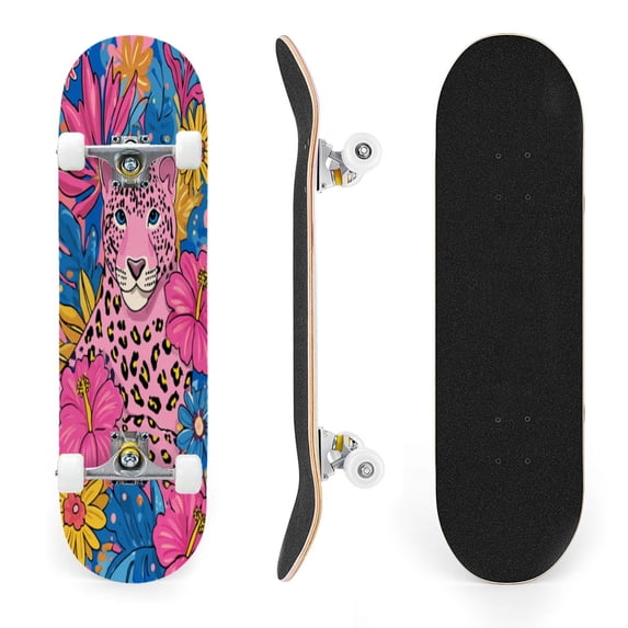 31"x8" Pink Leopard Complete Skateboards for Beginners, Double Kick 7 Ply Maple Deck colorful vibrant design jungle Skateboard with Wheels, Gifts for Kids Teens