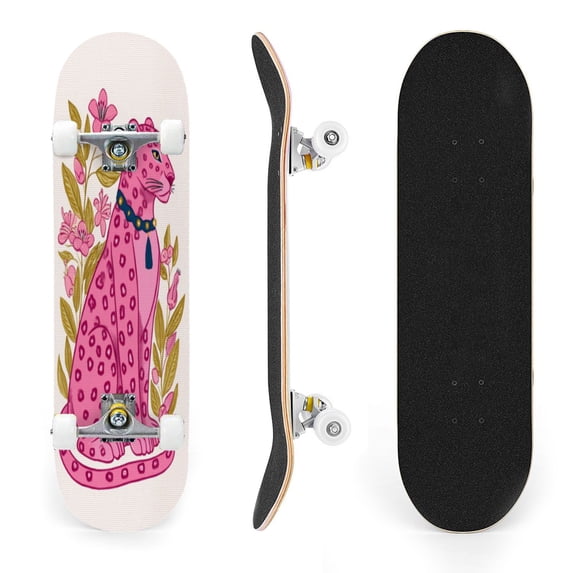 31"x8" Pink Leopard Floral Complete Skateboards for Beginners, Double Kick 7 Ply Maple Deck Elegant modern art design Skateboard with Wheels, Gifts for Kids Teens