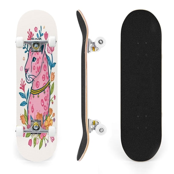 31"x8" Pink Leopard Floral Complete Skateboards for Beginners, Double Kick 7 Ply Maple Deck cute animal design gold collar Skateboard with Wheels, Gifts for Kids Teens