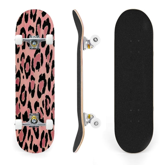 31"x8" Pink Leopard Print Complete Skateboards for Beginners, Double Kick 7 Ply Maple Deck Skateboard with Wheels, Gifts for Kids Teens