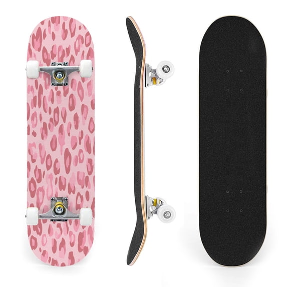 31"x8" Pink Leopard Print Complete Skateboards for Beginners, Double Kick 7 Ply Maple Deck Skateboard with Wheels, Gifts for Kids Teens